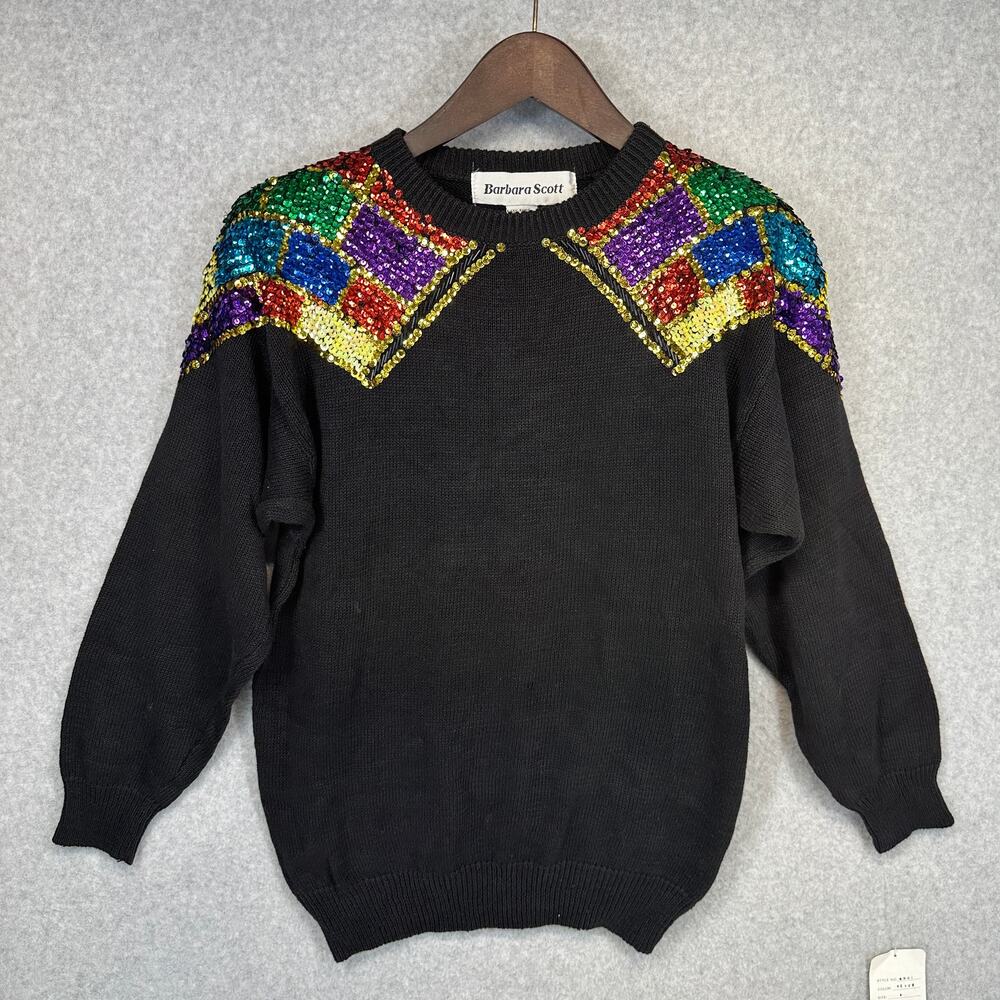 Vintage 1980s Barbara Scott Sweater Womens Small Black Knit Colorful Sequins